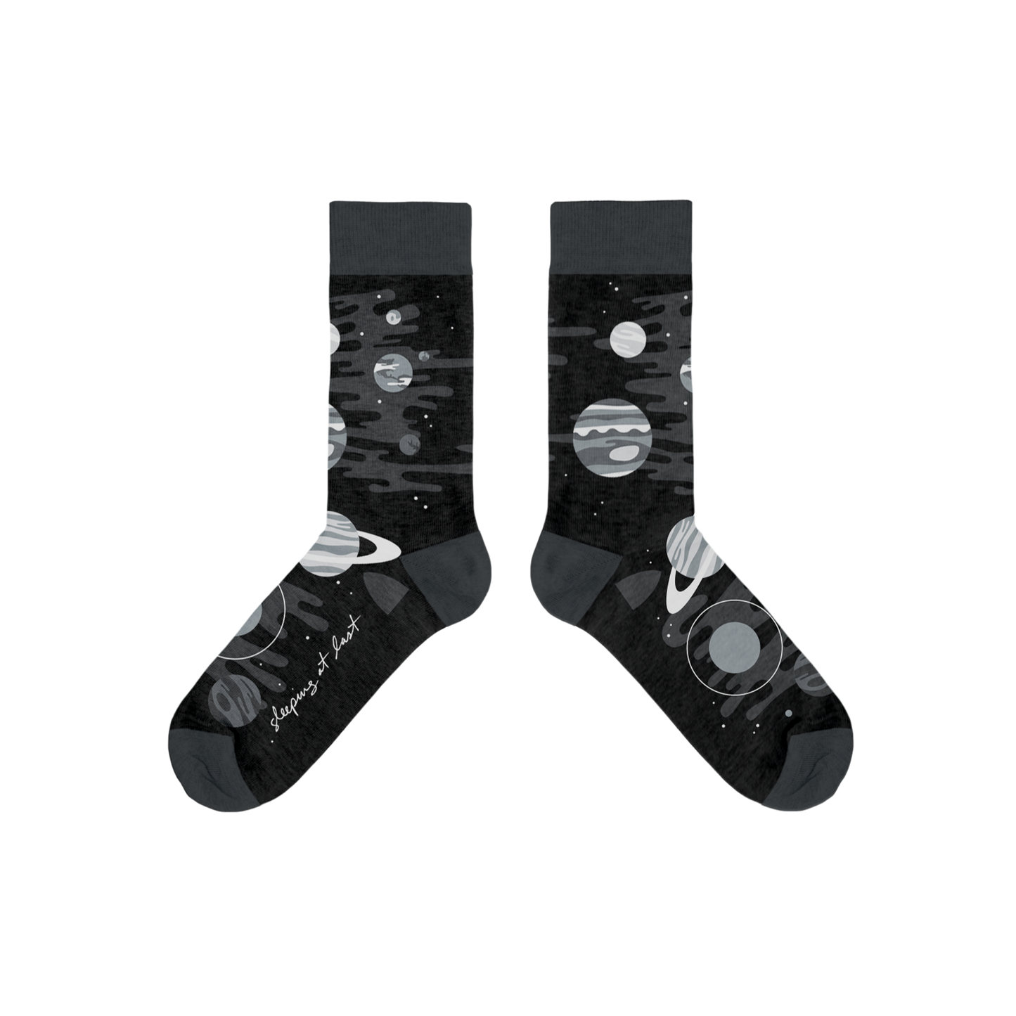 Black socks with space-themed designs on a white background