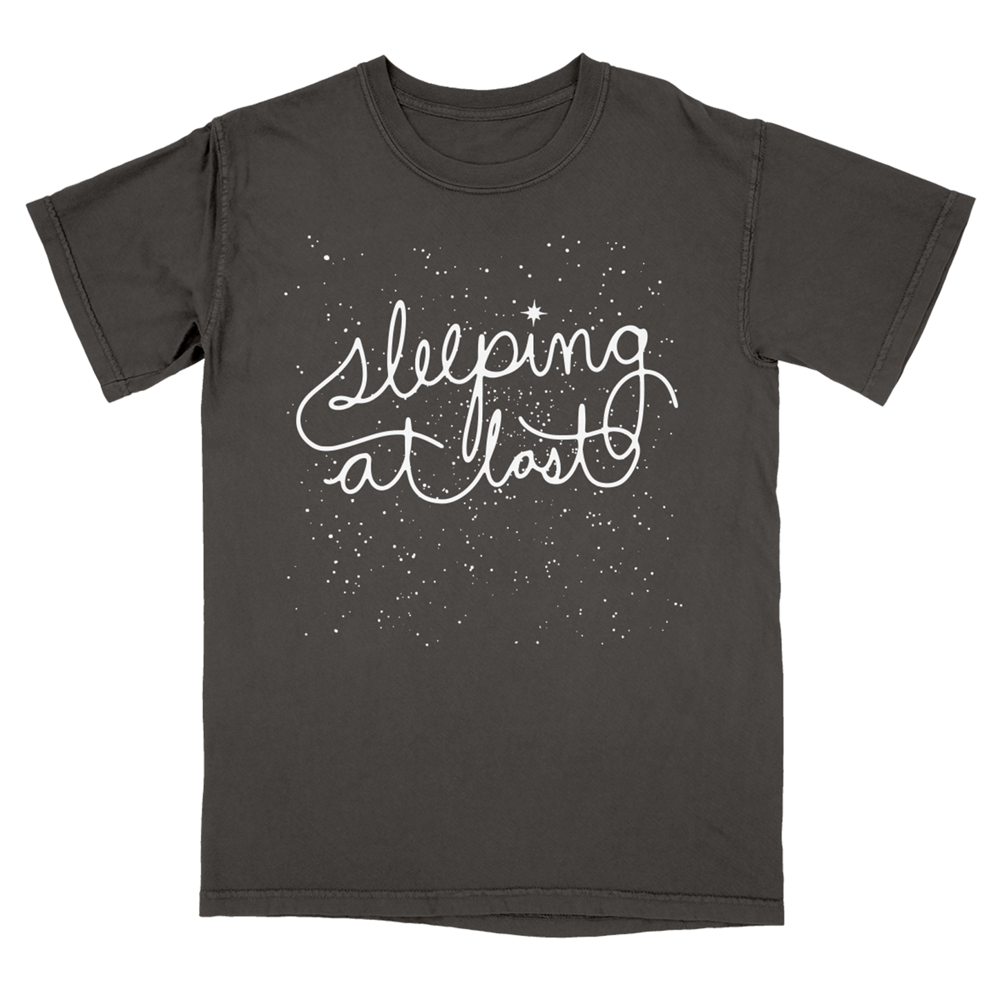 Black t-shirt with 'Sleeping at last' text on a white background