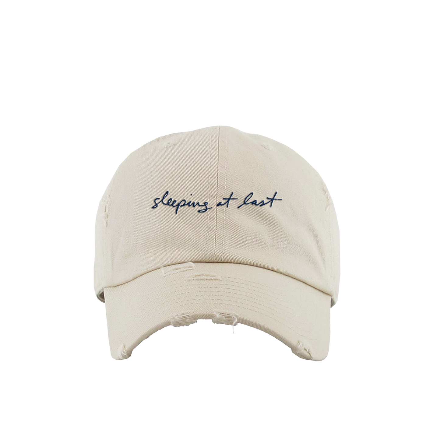 Beige cap with 'sleeping at last' embroidery on a white background