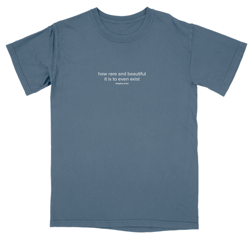 Blue t-shirt with white text on a white background