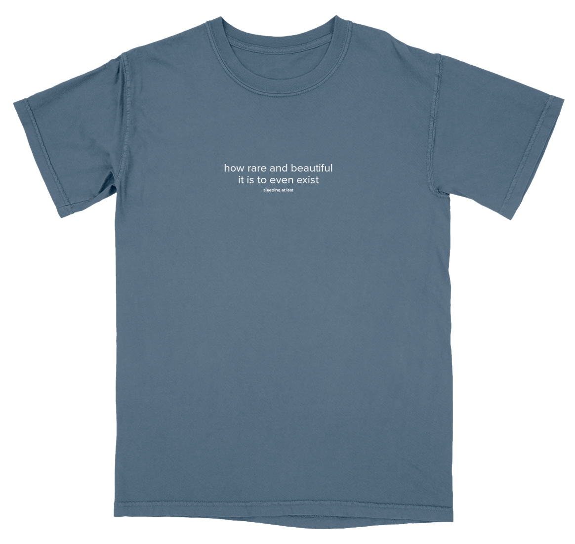 Blue t-shirt with white text on a white background