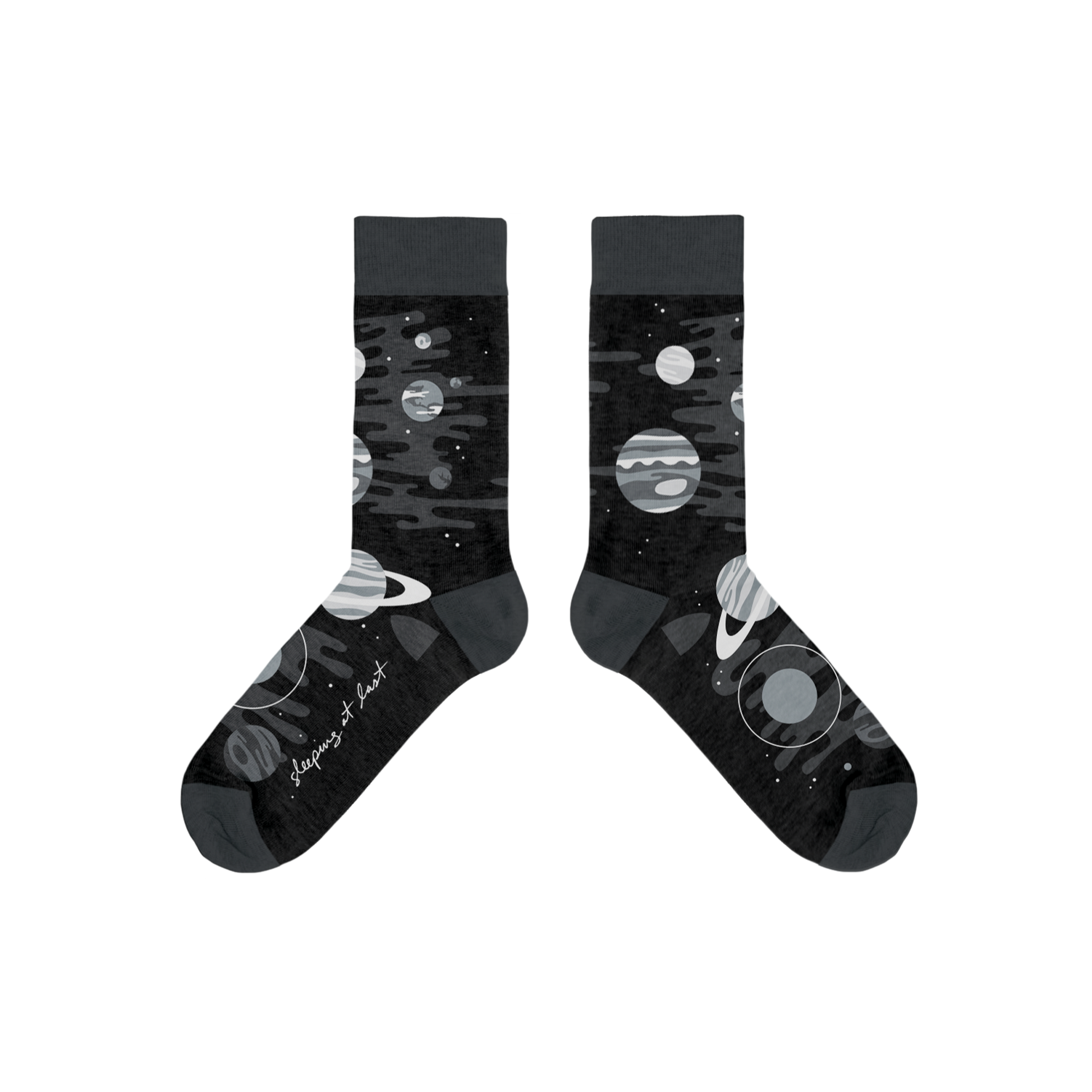 Black socks with space-themed designs on a white background