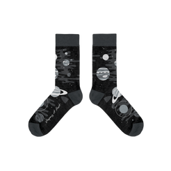 Black socks with space-themed designs on a white background