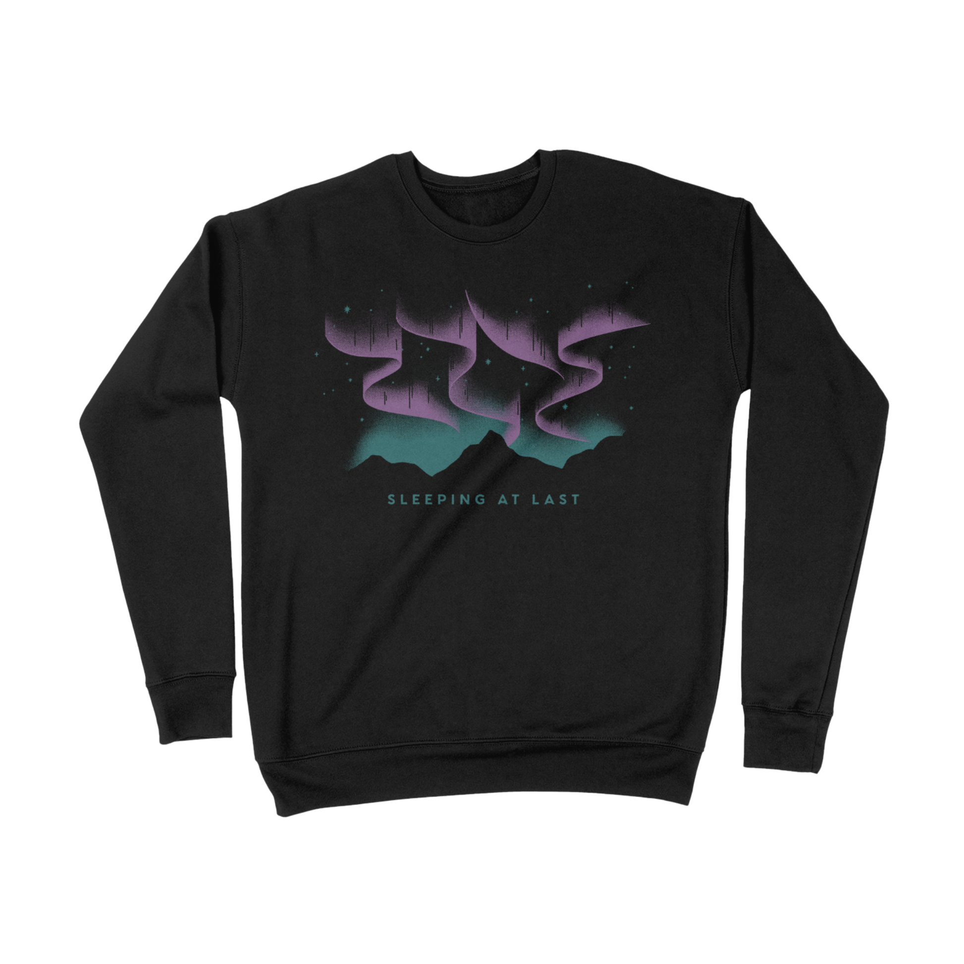 Black sweatshirt with a purple and green graphic design on a white background