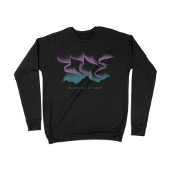 Black sweatshirt with a purple and green graphic design on a white background