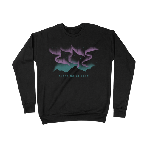 Black sweatshirt with a purple and green graphic design on a white background