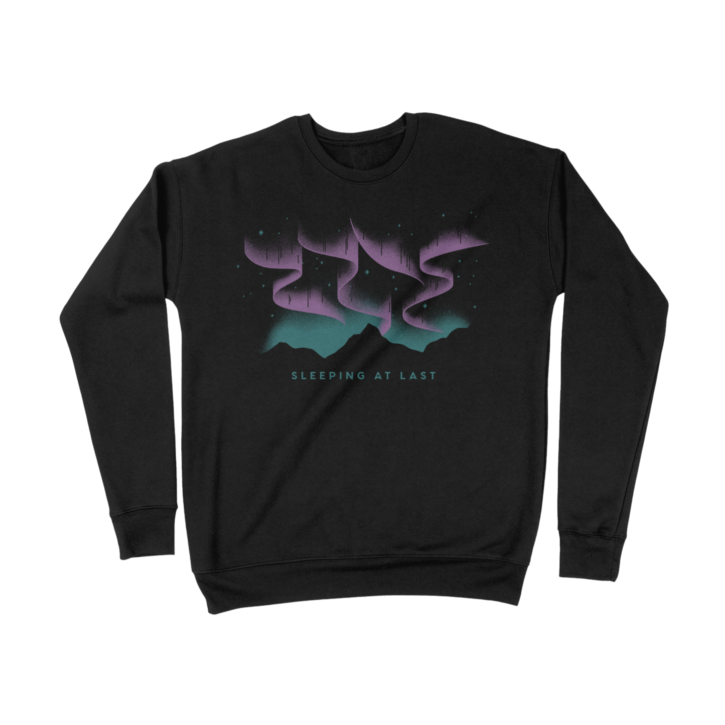 Black sweatshirt with a purple and green graphic design on a white background