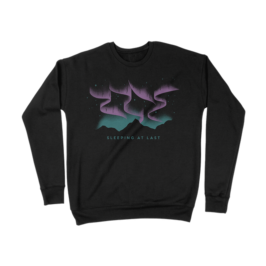 Black sweatshirt with a purple and green graphic design on a white background