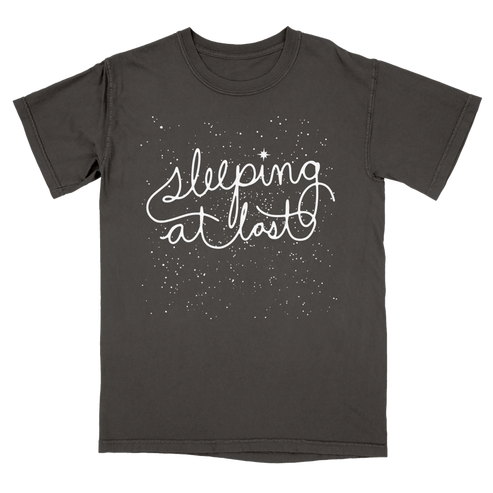 Black t-shirt with 'Sleeping at last' text on a white background