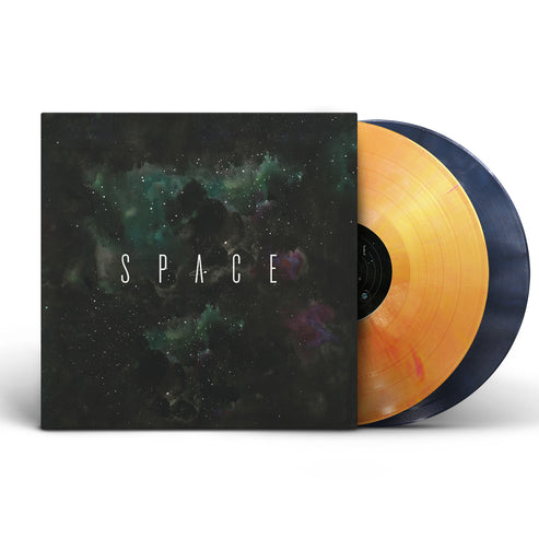 A vinyl record album with a dark space-themed cover featuring the word 'SPACE' in white letters, with one translucent orange-gold record partially pulled out and a dark blue/black record visible behind it