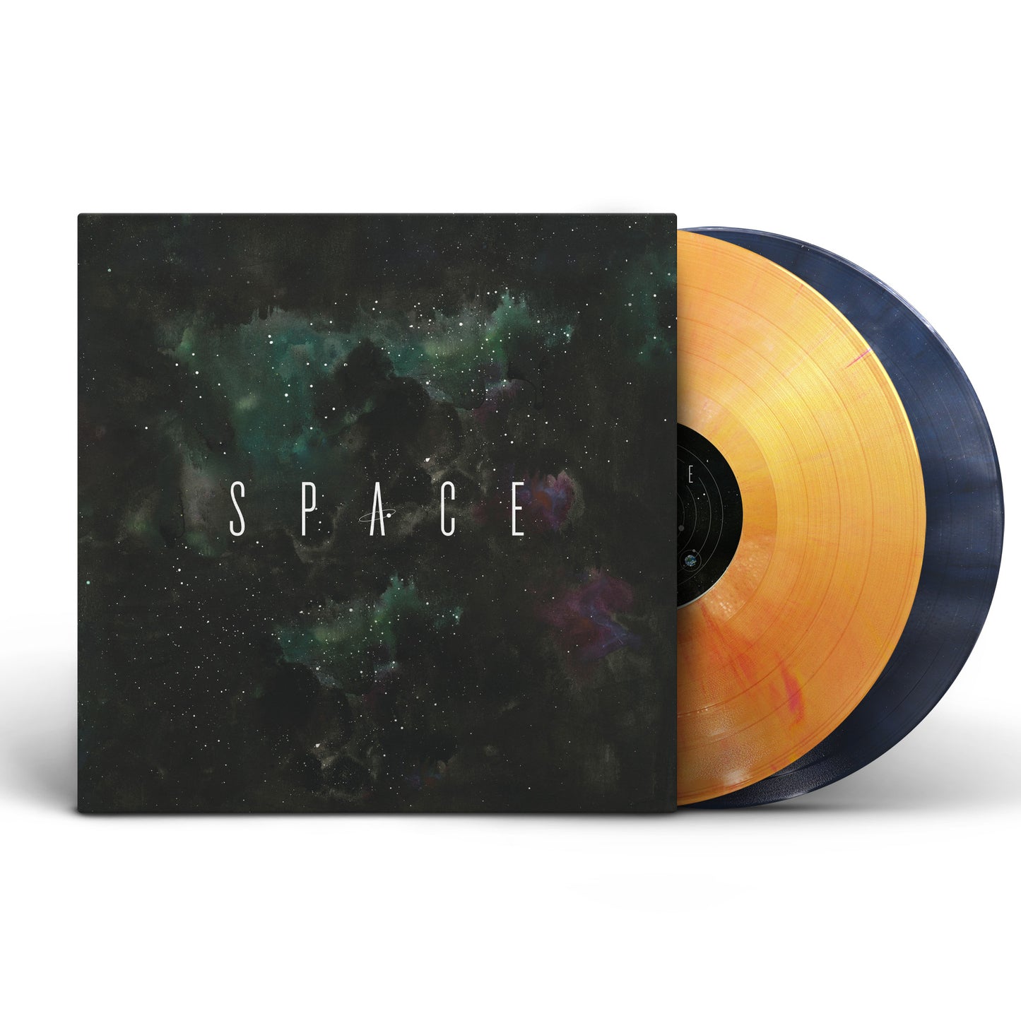 A vinyl record album with a dark space-themed cover featuring the word 'SPACE' in white letters, with one translucent orange-gold record partially pulled out and a dark blue/black record visible behind it
